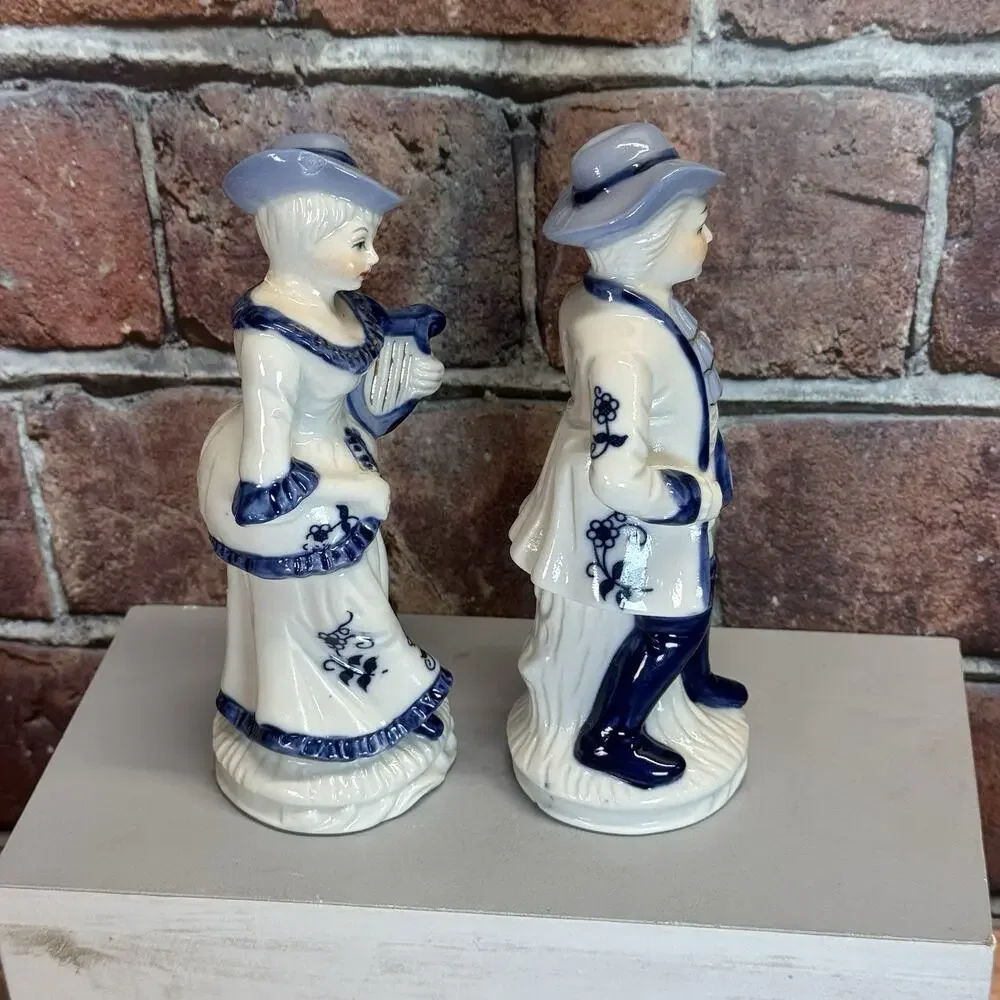 Vtg Pair Europa Bomboniere Blue White‎ Lady w Harp / Man w Mandolin Figurines